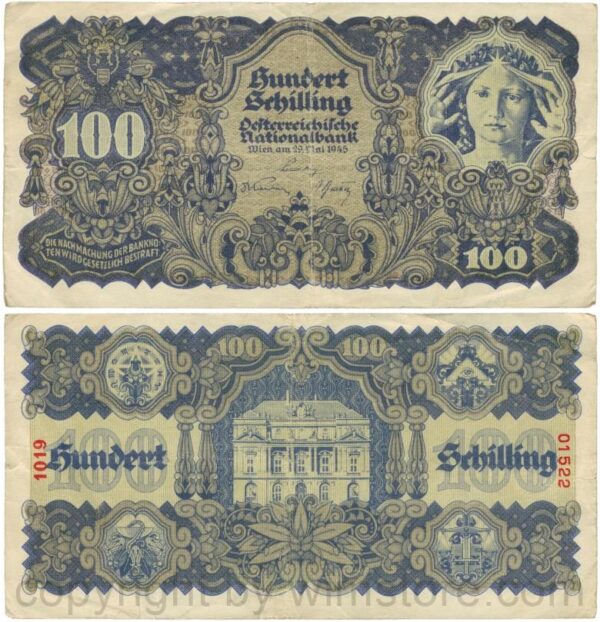 Österreich, 2. republik, p118.1a, 100 schilling 1945, d. blaugrau, dickes papier; 4
