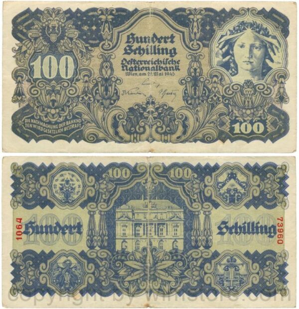 Österreich, 2. republik, p118.1a, 100 schilling 1945, d. blaugrau, dickes papier; 4
