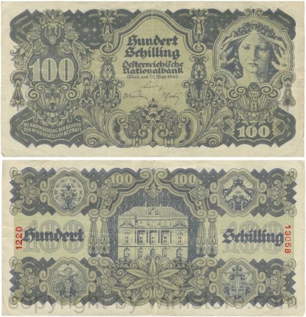 Österreich, 2. republik, p118.1b, 100 schilling 1945, d. braungrau, dünnes papier; 4