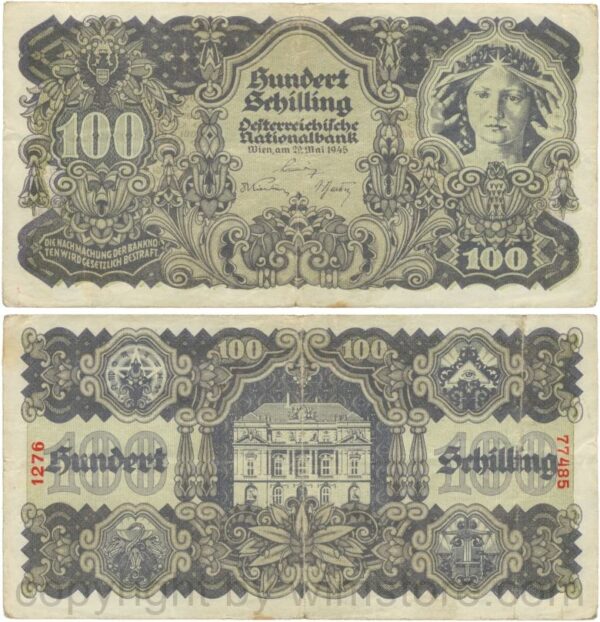 Österreich, 2. republik, p118.1b, 100 schilling 1945, d. braungrau, dünnes papier; 4