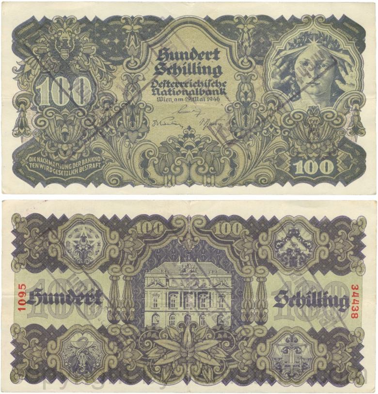 Österreich, 2. republik, p118.2a, 100 schilling 1945, d. blaugrau, dünnes papier, stempel "nicht umlauffähig"; 3 , selten!