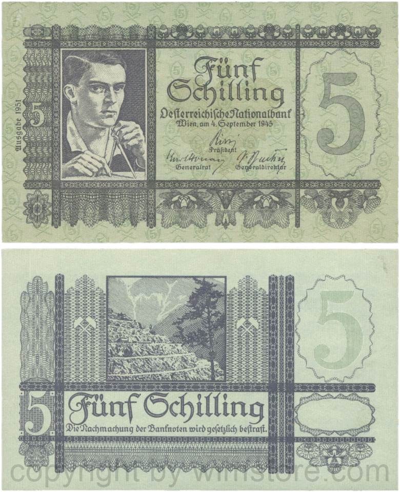 Österreich, 2. republik, p126.1, 5 schilling 1945, "ausgabe 1951" geringer abstand zur girlande; 2