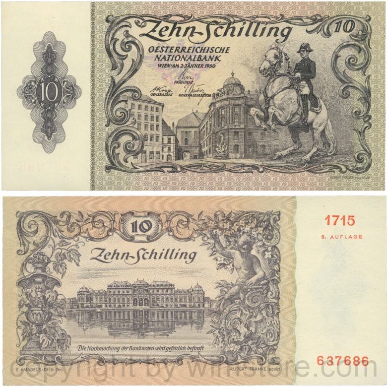 Österreich, 2. republik, p128, 10 schilling 1950, 2. auflage; 2