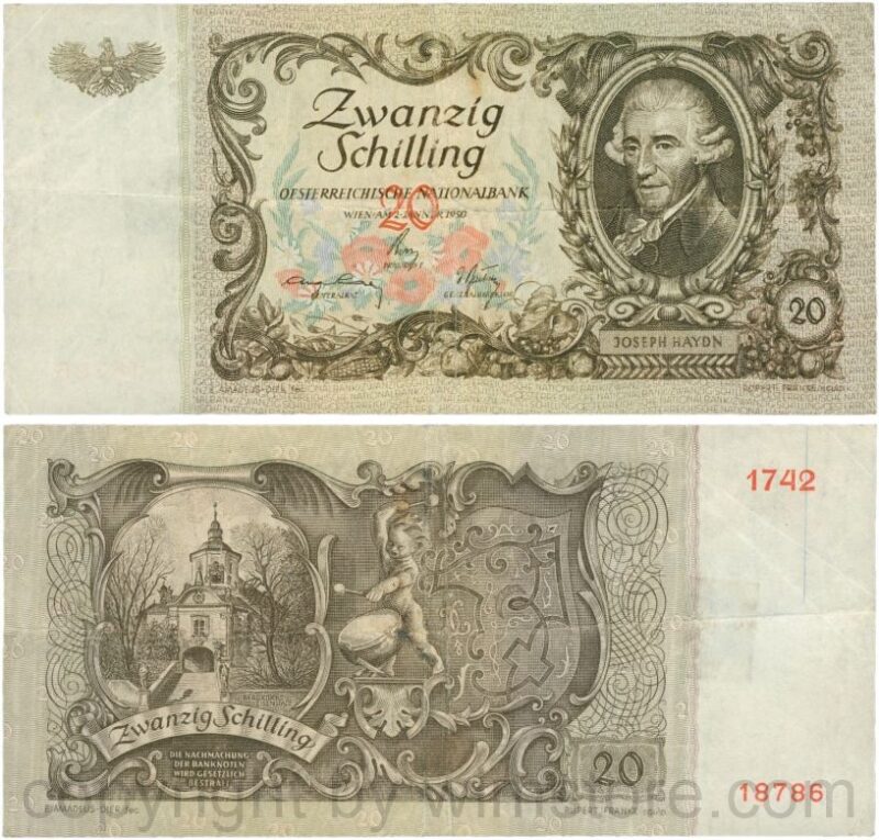 Österreich, 2. republik, p129a, 20 schilling 1950, druckplatte ohne felhler; 4