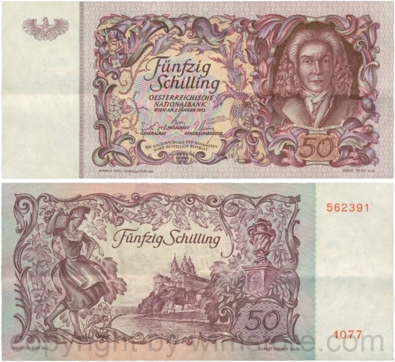 Österreich, 2. republik, p130b, 50 schilling 1951, d. rotbraun; 3