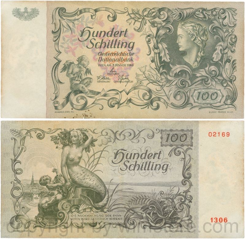 Österreich, 2. republik, p131, 100 schilling 1949; 4, fliegenkot