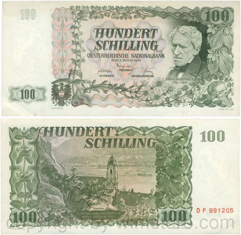 Österreich, 2. republik, p133a, 100 schilling 1954, wert links oben hell schraffiert, serie dp; 3