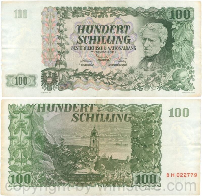 Österreich, 2. republik, p133a, 100 schilling 1954, wert links oben hell schraffiert, serie bh; 3