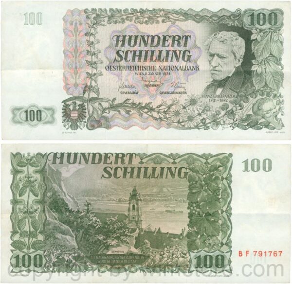 Österreich, 2. republik, p133a, 100 schilling 1954, wert links oben hell schraffiert, serie bf; 3