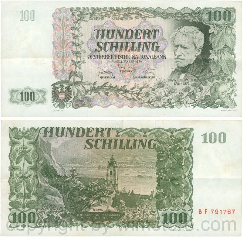 Österreich, 2. republik, p133a, 100 schilling 1954, wert links oben hell schraffiert, serie bf; 3