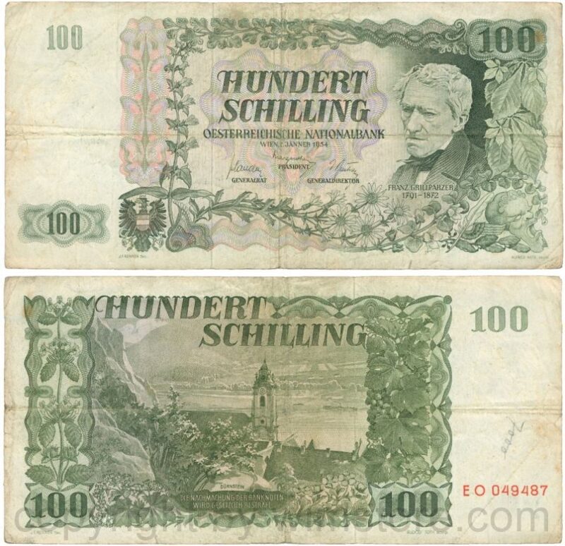 Österreich, 2. republik, p133a, 100 schilling 1954, wert links oben hell schraffiert, serie bf; 3 (kopie)