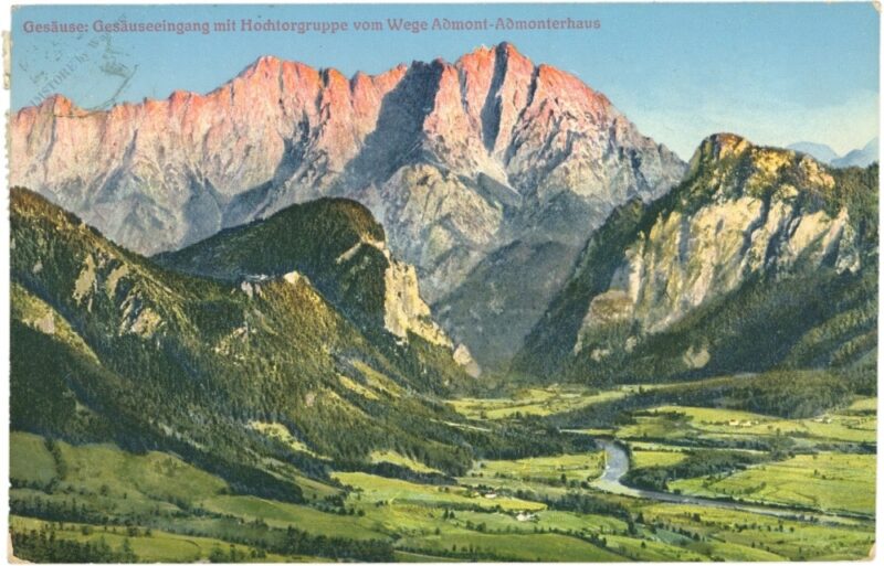 gesäuse, gesäuseeingang mit hochtorgruppe vom wege admont admonterhaus gesäuse, gesäuseeingang mit hochtorgruppe vom wege admont admonterhaus