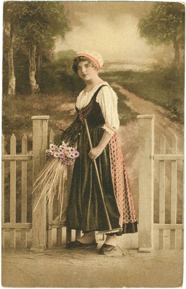 frau am gartenzaun mit blumen frau am gartenzaun mit blumen