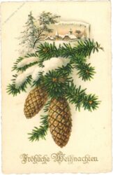 weihnachten, zweige und zapfen, verschneites dorf