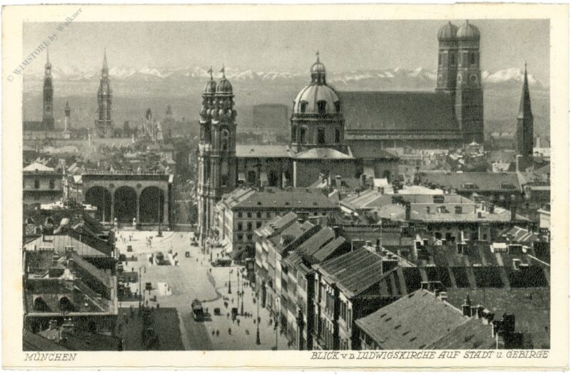 münchen, blick von der ludwigskirche auf stadt und gebirge münchen, blick von der ludwigskirche auf stadt und gebirge