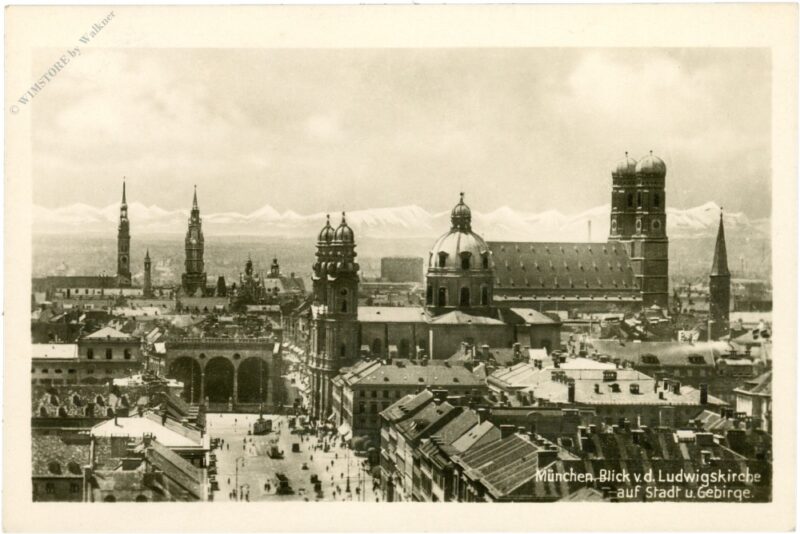 münchen, blick von der ludwigskirche auf stadt und gebirge münchen, blick von der ludwigskirche auf stadt und gebirge