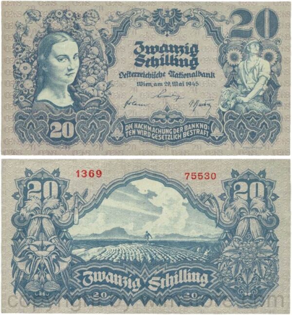 Österreich, 2. republik, p116.1c, 20 schilling 1945, ohne serife, ohne wasserzeichen, sn fett, 3,5 mm, kn fett, 3 mm, dünnes papier (kopie)