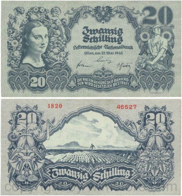 Österreich, 2. republik, p116.1d, 20 schilling 1945, ohne serife, wasserzeichen waben, sn fett, dünnes papier (kopie)