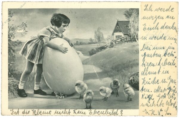 ostern, mädchen mit großem ei und küken