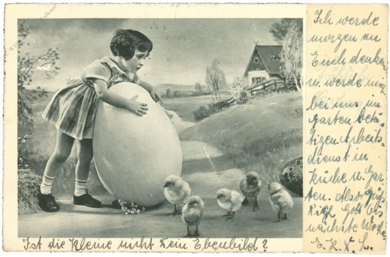 ostern, mädchen mit großem ei und küken ostern, mädchen mit großem ei und küken