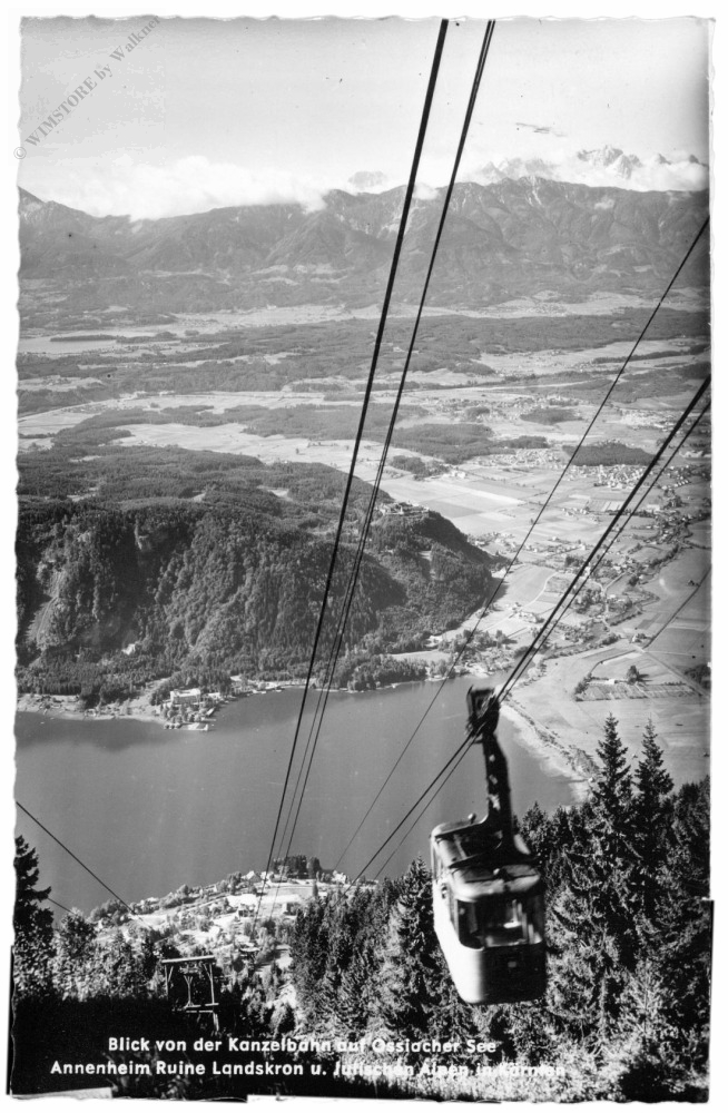 villach, blick von der kanzelbahn auf ossiacher see, annenheim, ruine landskron und julische alpen