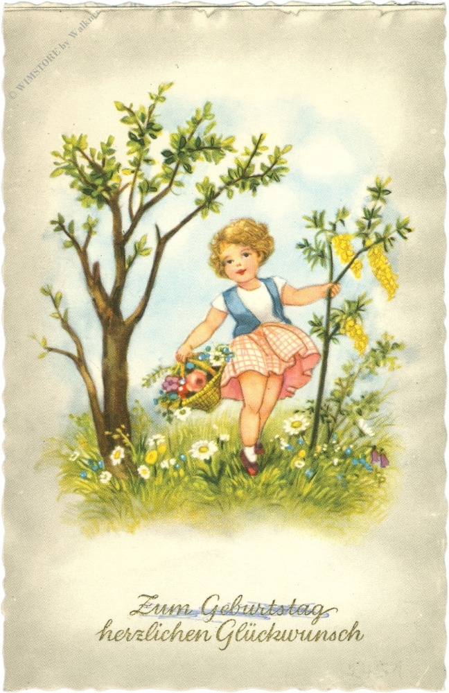 geburtstag, mädchen mit korb und blumen geburtstag, mädchen mit korb und blumen