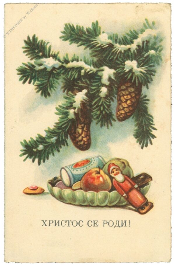 weihnachten, zweig mit zapfen und teller mit leckereien