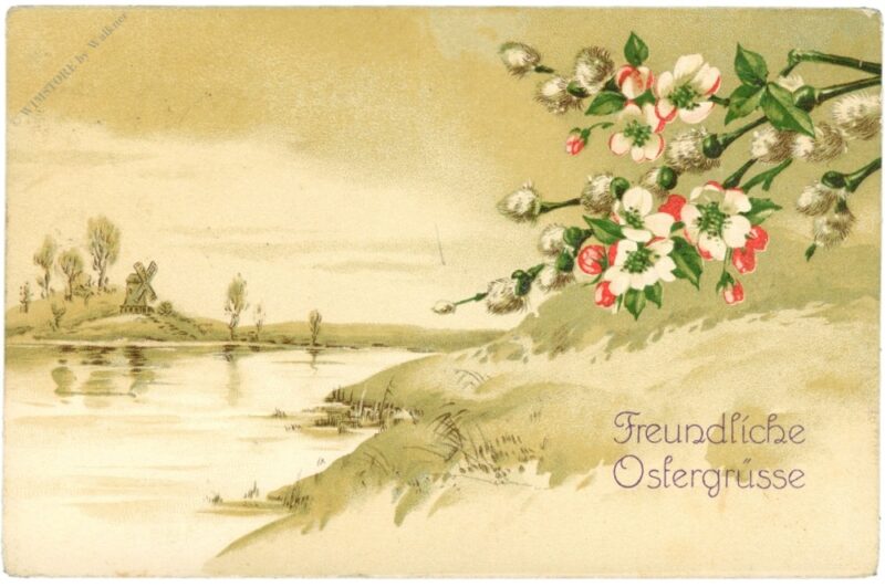 ostern, zweige mit flusslandschaft