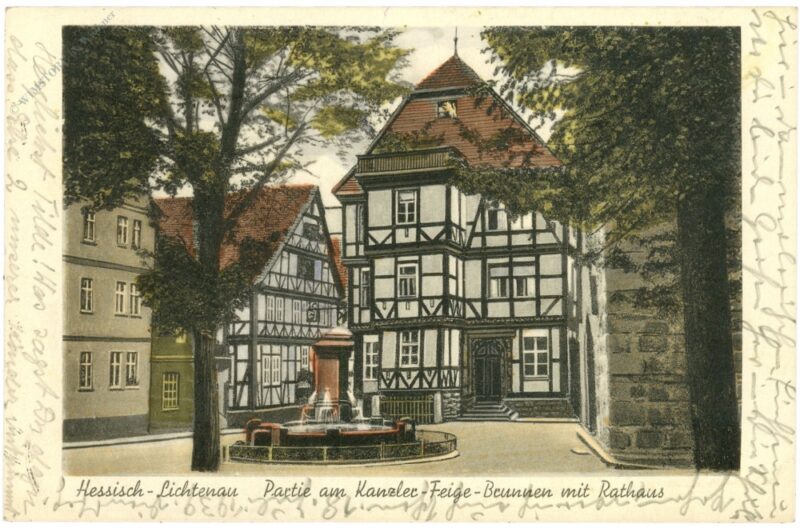 hessisch lichtenau, partie am kanzler feide brunnen mit rathaus