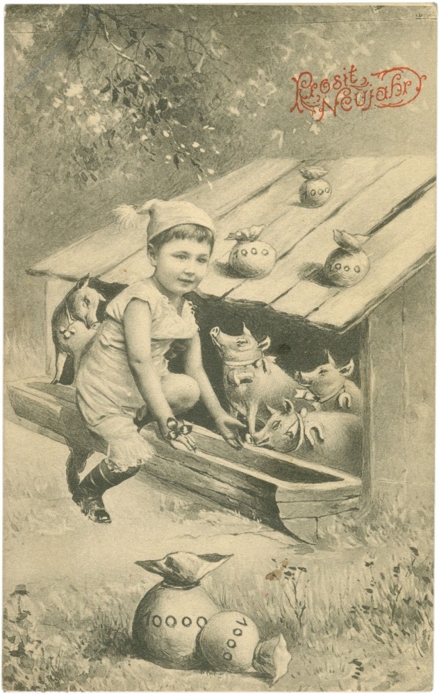 neujahr, kind bei den schweinen neujahr, kind bei den schweinen