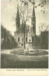 berlin, gruß aus pankow, kirche mit krieger denkmal