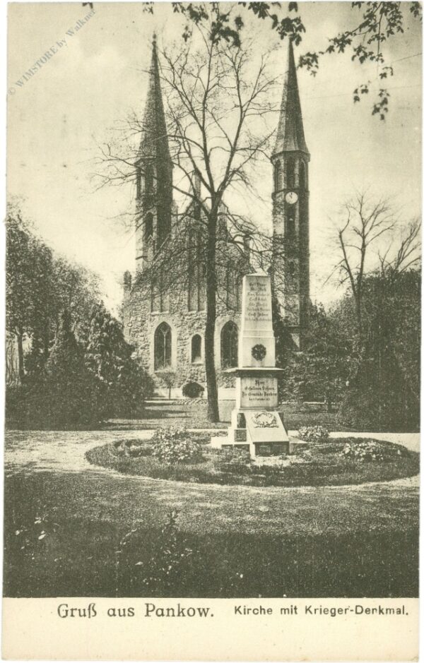 berlin, gruß aus pankow, kirche mit krieger denkmal