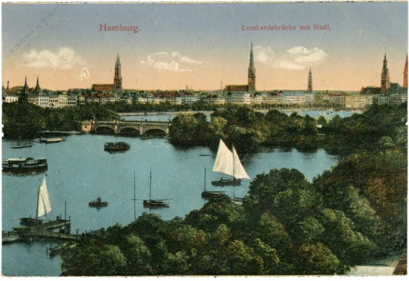 hamburg, lombardsbrücke mit stadt