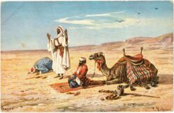 moslems beten, mit kamel in der wüste