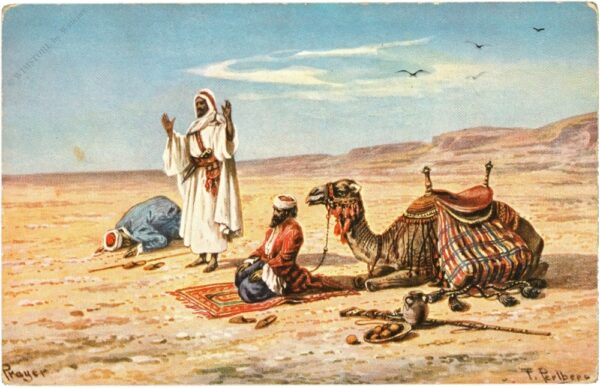 moslems beten, mit kamel in der wüste