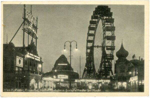 wien 2, prater, riesenrad, hochschaubahn und lustspieltheater bei nacht