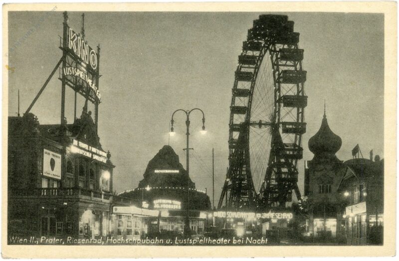 wien 2, prater, riesenrad, hochschaubahn und lustspieltheater bei nacht