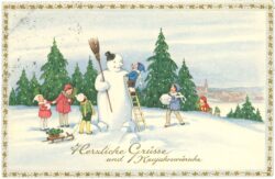 neujahr, kinder bauen einen schneemann