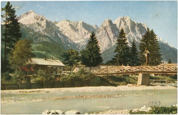 garmisch partenkirche, loisachbrücke mit alp und zugspitze