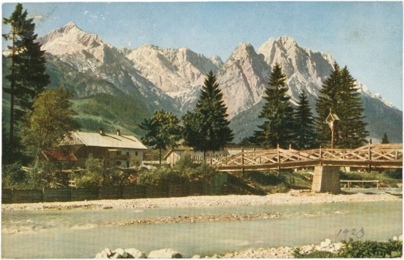 garmisch partenkirche, loisachbrücke mit alp und zugspitze