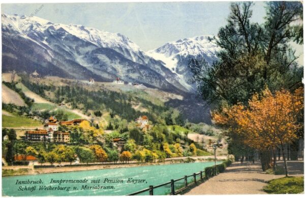 innsbruck, innpromenade mit pension kayser, schloss weiherburg und mariabrunn