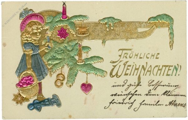weihnachten, mädchen mit zweigen, golddruck