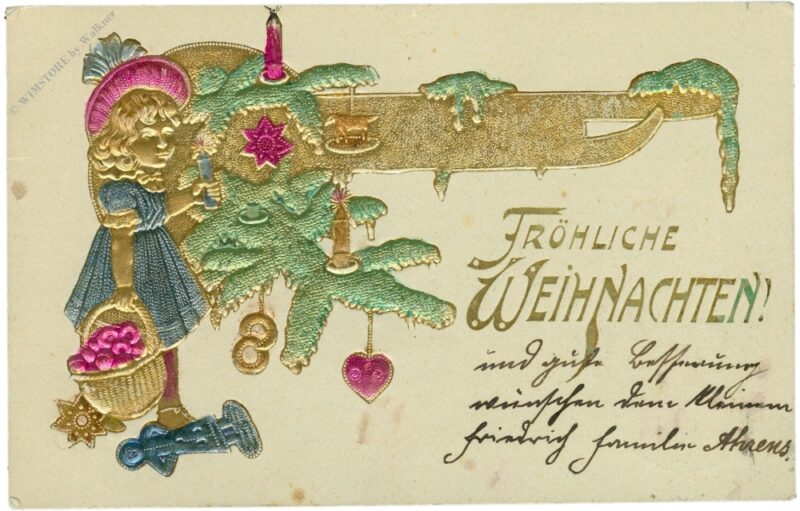 weihnachten, mädchen mit zweigen, golddruck weihnachten, mädchen mit zweigen, golddruck