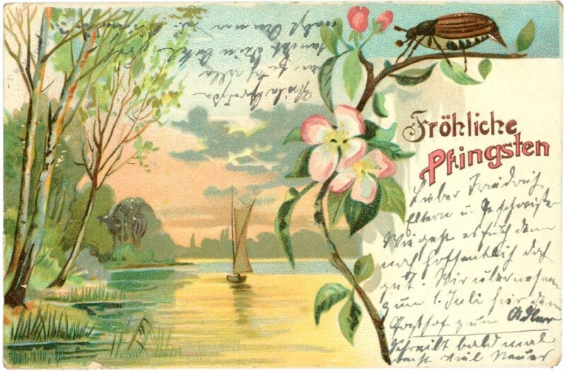 pfingsten, landschaft mit segelboot pfingsten, landschaft mit segelboot
