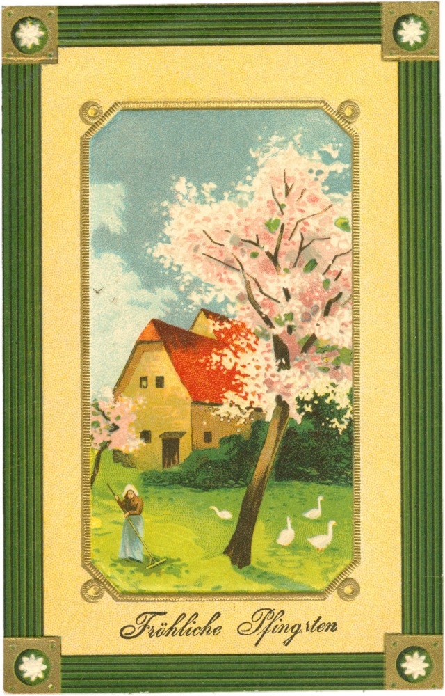 pfingsten, blühender baum mit gänsen pfingsten, blühender baum mit gänsen