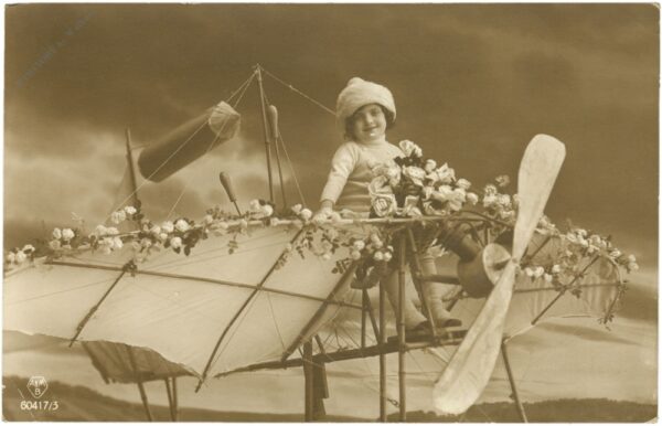 dame in einer flugzeugkonstruktion mit blumen