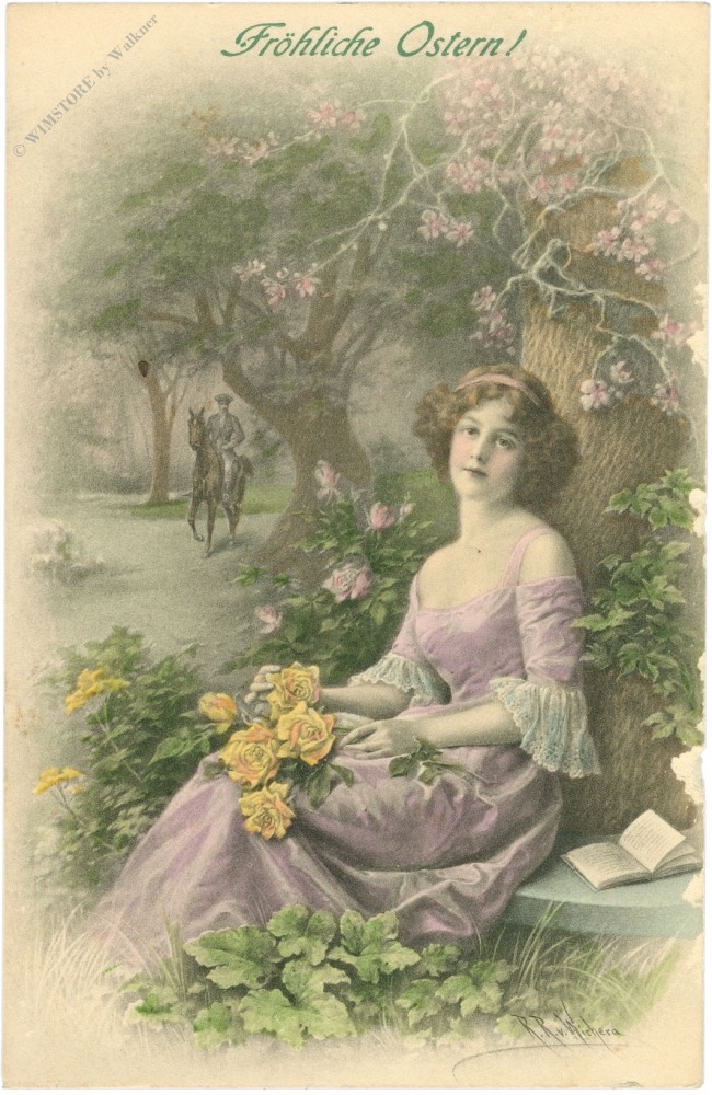 ostern, dame mit blumen ostern, dame mit blumen