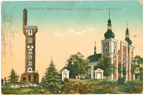 jägerndorf, gruss aus, lichtensteinwarte auf dem burgberge, burgbergkirche