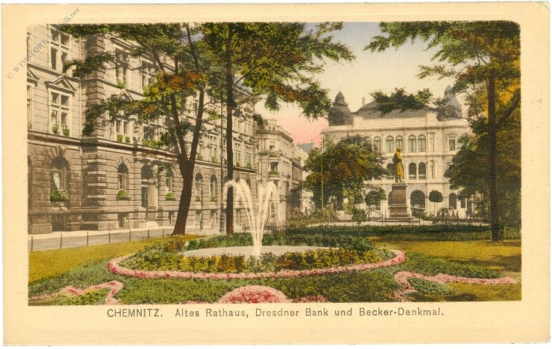 chemnitz, altes rathaus, dresdner bank und becker denkmal chemnitz, altes rathaus, dresdner bank und becker denkmal