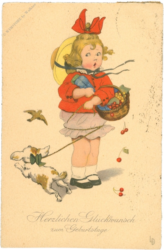 geburtstag, mädchen mit hund und korb geburtstag, mädchen mit hund und korb
